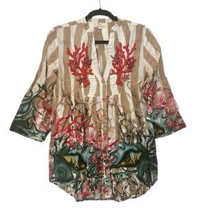 Antica Sartoria Striped Coral Print Embellished Button Down Blouse